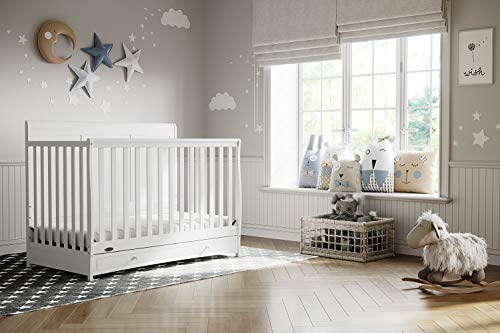 Graco Asheville 5-in-1 Convertible Crib with Drawer (White) – GREENGUARD Gold Certified, Crib with Drawer Combo, Full-Size Nursery Storage Drawer, Converts to Toddler Bed, Daybed and Full-Size Bed