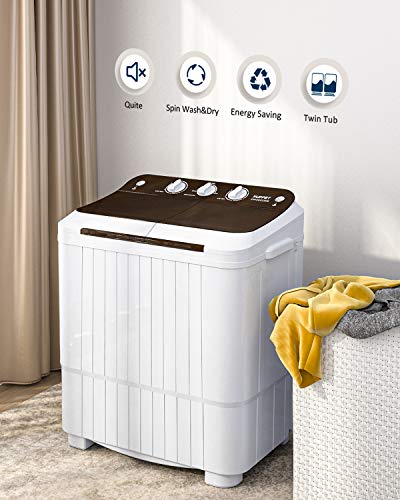 KUPPET Washing Machine, 16.5lbs Compact Twin Tub Wash&Spin Combo for Apartment, Dorms, RVs, Camping and More, White&Brown