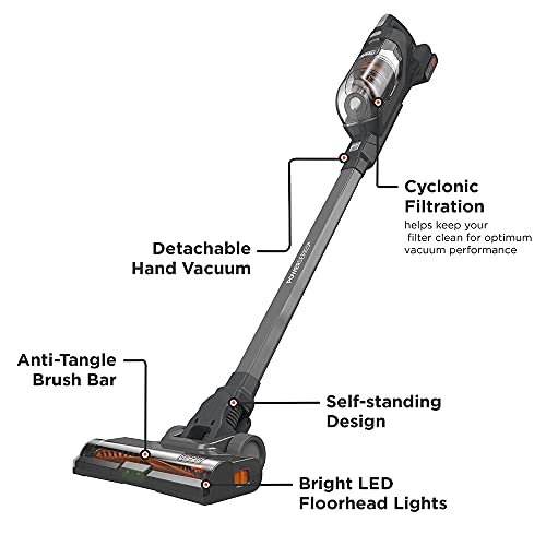 BLACK+DECKER POWERSERIES+ 20V MAX Cordless Stick Vacuum with LED Floor Lights, Lightweight, Removable Battery (BHFEA18D1) , Gray