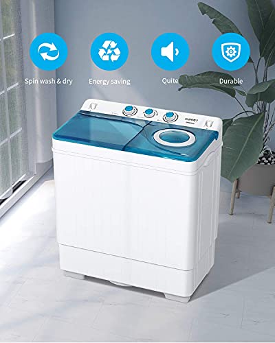 Twin Tub Portable Mini Washing Machine 26lbs Capacity, Compact Washer(18lbs)&Spiner(8lbs)/Built-in Drain Pump/Semi-Automatic (White&Blue)
