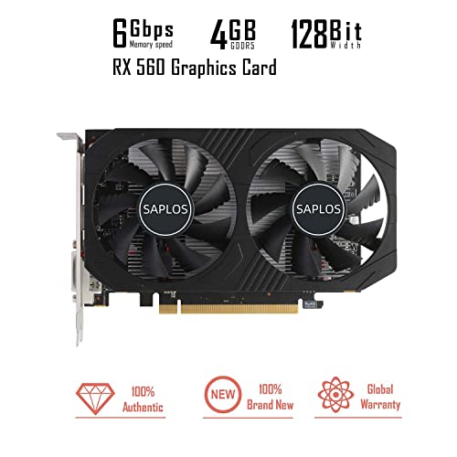 SAPLOS Radeon RX 560 Graphics Card, 4GB GDDR5 128-bit, DisplayPort HDMI DVI-D, Dual Air Cooling, PC Gaming Video Cards GPU Computer, PCI Express 3.0, DirectX 12, Low Power, Plug and Play