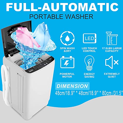 Portable Washer, 17.5Lbs Full-Automatic Washing Machine with Drain Pump, 2-in-1 Compact Laundry Washer with 10 Programs 8 Water Level Selections LED Display Top Load Cloth Washer for Home, Dorms