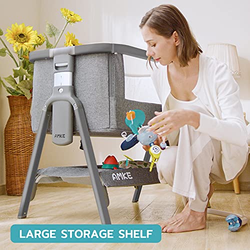 AMKE Baby Bassinets,Bedside Sleeper for Baby, Quick Assemble Baby Crib with Storage Basket,Portable Bassinets for Safe Co-Sleeping, Adjustable Baby Bed for Baby Infant Newborn Girl Boy(Grey)