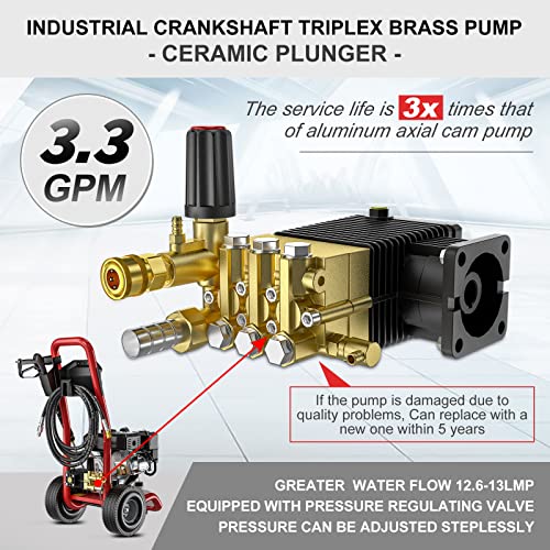 POHIR Gas Pressure Washer, 3.3 GPM Industrial Crankshaft Triplex Brass Pump with Pressure Regulating Valve, Self-Lubricating Corrosion-Resistant Ceramic Plunger, 7HP Power Washer Gas Powered 3600 PSI