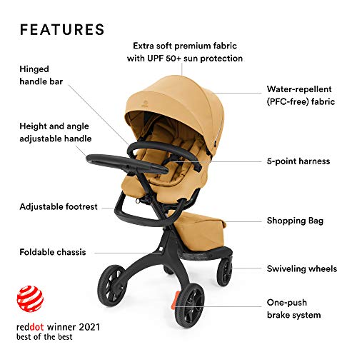 Stokke Xplory X, Golden Yellow - Luxury Stroller - Adjustable for Both Baby & Parents’ Comfort - Padding, Harness & Reflective Zipper for Added Safety - Folds in One Step
