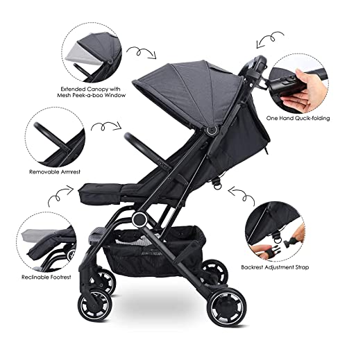 Wheelive Lightweight Baby Stroller, One Hand Easy Fold Compact Travel Stroller with Adjustable Backrest & Storage Basket, Sleep Shade - Infant Stroller for Airplane Travel and More