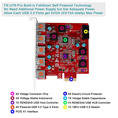 FebSmart 7-Ports Superspeed 5Gbps USB 3.0 PCI Express (PCIe) Expansion Card-5 Ports USB-A and an 19Pin USB 3.0 Header-Build in Self-Powered Technology-No Need Additional Power Supply (FS-U7S-Pro)