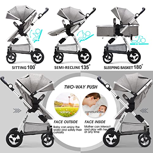 Blahoo Baby Stroller for Newborn, 2 in1 High Landscape Stroller, Foldable Aluminum Alloy Pushchair with Adjustable Backrest.Adjustable Awning, Variable Seat and Recliner(Coffee