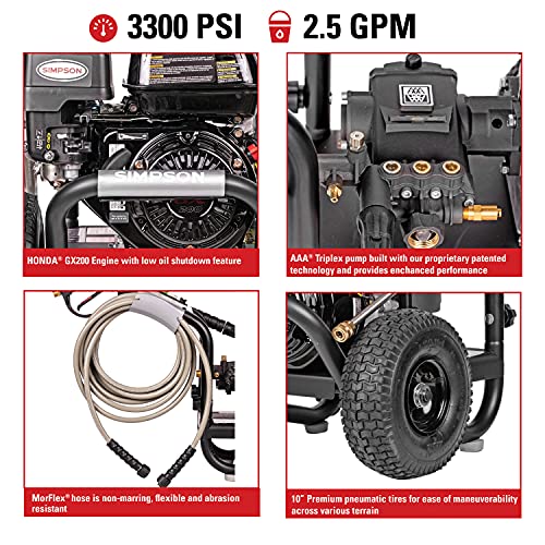 SIMPSON Cleaning PS3228 PowerShot 3300 PSI Gas Pressure Washer, 2.5 GPM, Honda GX200 Engine, Includes Spray Gun and Extension Wand, 5 QC Nozzle Tips, 5/16-inch x 25-foot MorFlex Hose