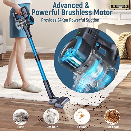 Fabuletta 24 Kpa Cordless Vacuum Cleaner - 6 in 1 Lightweight Stick Vacuum with Powerful Suction 250W Brushless Motor, for Pet Hair Carpet Hard Floor, Max 45 Min Runtime, Led Display, Blue