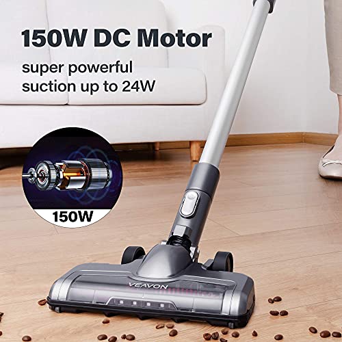 VEAVON P8PLUS Cordless Vacuum Cleaner, Lightweight Bagless Vacuum, 40 Minutes Long Running Time, 4 in 1 Stick Vacuum, 24W Powerful Suction for Hard Floors, 3 Crevice Tool for Home Pet Hair, Gray
