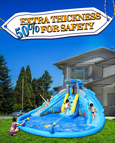 ACTION AIR Inflatable Water Slide, Double Waterslides Shark Theme Waterpark, Bounce House for Wet and Dry, 2 Water Sprays with Huge Water Pool, Durable Sewn and Extra Thick