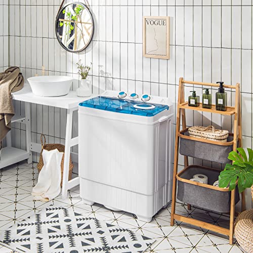 Giantex Portable Washing Machine, 2 in 1 Washer and Spinner Combo, 26lbs Capacity 18 lbs Washing 8 lbs Spinning, w/Timer Control, Built-in Drain Pump, Dorm Apartment Semi-Automatic Laundry Twin Tub Mini Washer (Blue & White)