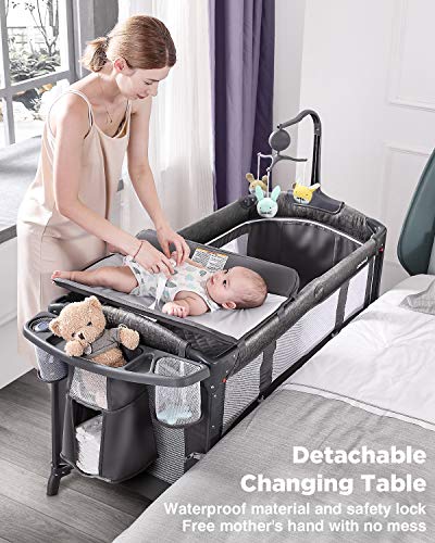 ADOVEL Baby Bassinet Bedside Crib, Pack and Play with Mattress, Diaper Changer and Playards from Newborn to Toddles