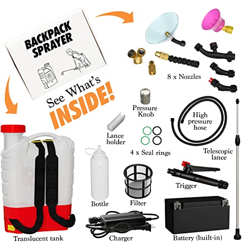 4.2 Gallon Battery Powered Backpack Sprayer - 8 Nozzles, 240ml Measuring Bottle, 100PSI Cutoff Pressure, Long Battery Life, Wide Mouth, High-Pressure Spray Hose, Trigger Lock, Pressure Knob Controller