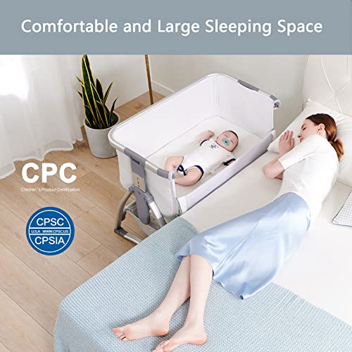 Baby Bassinet, Bedside Sleeper Newborn Crib Adjustable Height with Mattress, 3 in 1 Rocking Cradle Infant & Toddler Beds Bassinets(Light Grey)