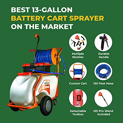 PetraTools Battery Powered 13 Gallon Pushcart Sprayer (Prime), Heavy Duty Commercial Sprayer with Custom Built Cart, Off-Road Wheels & Solid Steel Easy-Turn Hose Reel for 130 Foot Hose, 80PSI