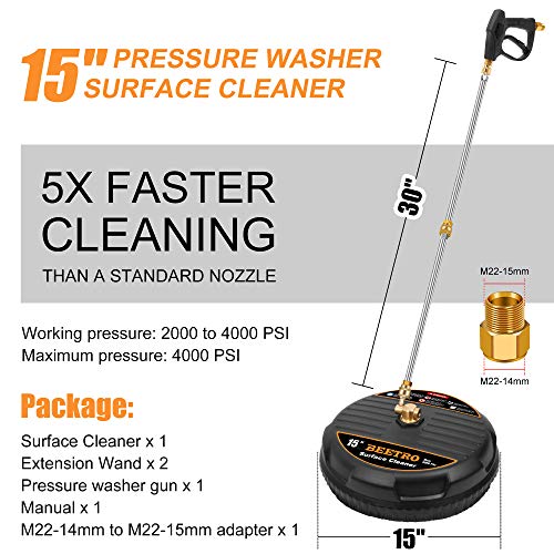 BEETRO 15'' Surface Cleaner for Pressure Washer, Power Washer Attachments for Driveway, Sidewalk, Concrete, Deck, Patio Cleaning, with Spray Gun and 2 Spray Wands, Max 4000 PSI