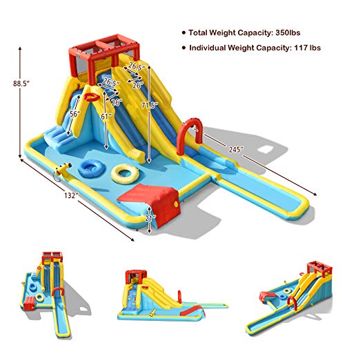 BOUNTECH Inflatable Water Slide, 7 in 1 Double Long Slide Giant Water Park with Climbing Wall, Swimming Pool, Basketball Rim, Water Gun, Water Slides Inflatables for Kids and Adults Outdoor Backyard
