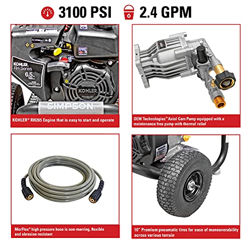 SIMPSON Cleaning MS60763-S MegaShot 3100 PSI Gas Pressure Washer, 2.4 GPM, Kohler RH265 Engine, Includes Spray Gun and Extension Wand, 5 QC Nozzle Tips, 1/4-in. x 25-ft. MorFlex Hose