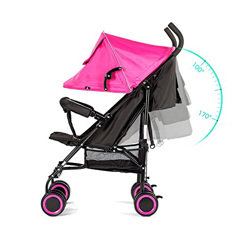 Evezo 2141A Full-Size Ultra Lightweight Umbrella Stroller, Reclining Seat, 5-Point Safety Harness, Canopy, Storage Bin (Hot Pink), 214-1A