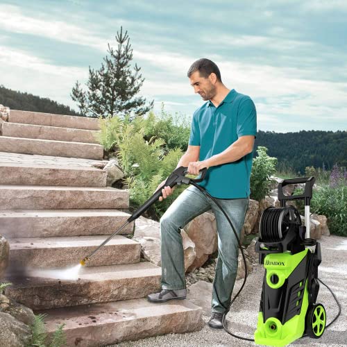 Homdox HX3000 Portable Pressure Washer with Hose Reel, 1800W/1.7 GPM Electric Power Washer, Small Pressure Washer with Detergent Bottle, 4 Nozzles for Outdoor Cleaning, Car/Garden/Patio Wash(Green)