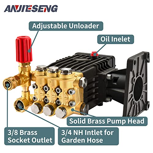 ANJIESENG Horizontal Pressure Washer Triplex Plunger, OEM Replacement pressure washer pump 1'' Shaft, 4000 PSI, 4.0 GPM Gas Power Washer Pump with Pressure Adjustment