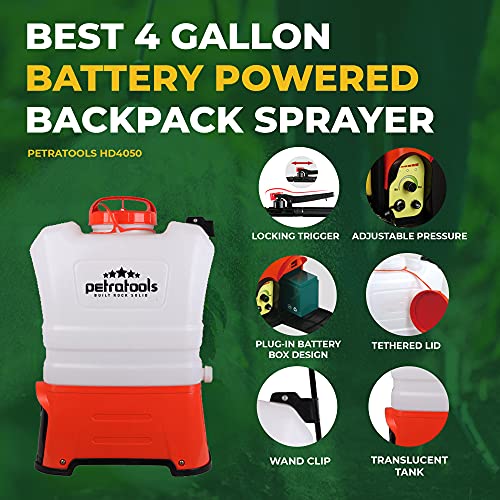 PetraTools Battery Powered Backpack Sprayer - Lawn Sprayers in Lawn and Garden Professional Electric Sprayer, 4-Gallon Battery Powered Sprayer, Multiple Nozzles & Ultra Life Battery - HD4050