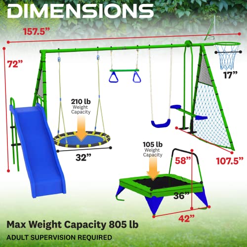 FITNESS REALITY KIDS 8 Station Sports Series Green Metal Swing Set with Basketball and Soccer (8477)