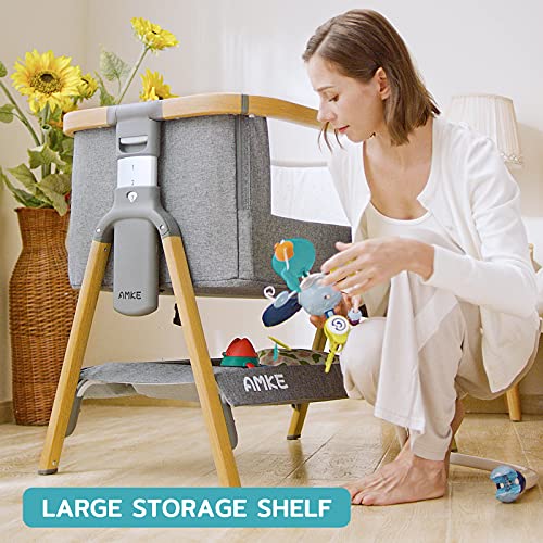 AMKE Baby Bassinets,Bedside Sleeper for Baby,Quick Assemble Baby Crib with Storage Basket,Portable Bassinets for Safe Co-Sleeping, Adjustable Baby Bed for Infant Newborn(Wood Grain)