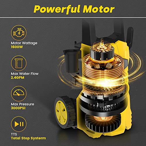 3000 PSI Electric Pressure Washer 2.4GPM 1600W High Power Washer Portable Car Pressure Washer Machine with Spray Gun Pressure Hose and Adjustable Spray Nozzles for Cleaning Car Home Driveway Garden