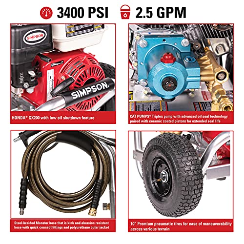 SIMPSON Cleaning Cleaning ALH3228-S Powered 3400 PSI Gas Pressure Washer, 2.5 GPM, HONDA GX200 Engine, Includes Spray Gun and Extension Wand, 5 QC Nozzle Tips, 5/16-inch x 25-foot Monster Hose, Red