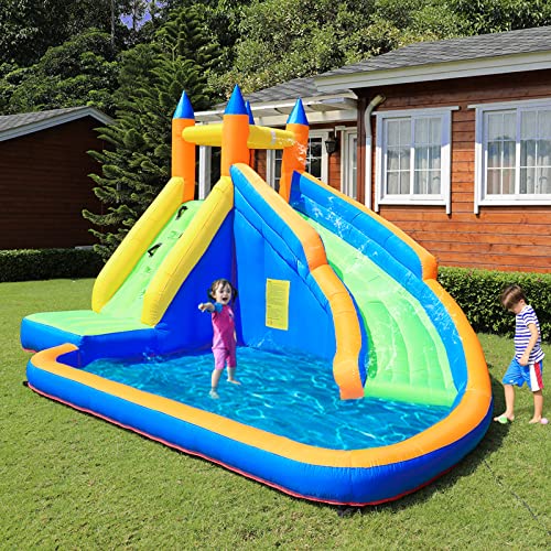 Doctor Dolphin Inflatable Water Slide ,Long Slides for Kids Backyard with Climbing Wall,Kids Bounce House with Slide,Inflatable Water Park with Plash Pool for Outdoor