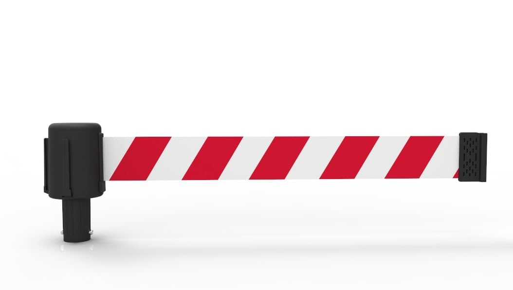 Banner Stakes Crowd Control Plus Cart Package & Accessory Tray, 75' Total Retractable Belt Barrier System - 5 Telescoping Stanchions w/ 15' Red/White Diagonal Stripe Banners (PL4014T)