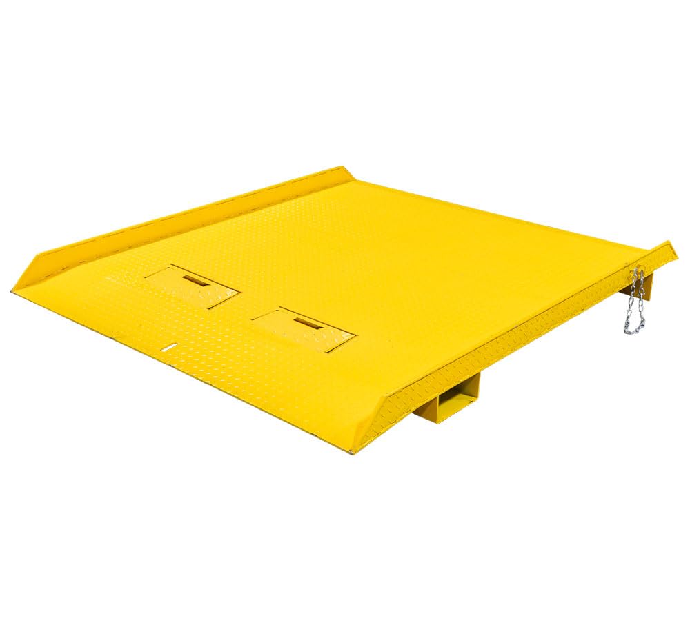 Mytee Products 84" x 96" Heavy Duty Shipping Container Ramp w/Fold-Down Loop Flips, Safety Chain & Pin - Forklift Compatible - 15,000 lbs - Spray Paint Coated Steel - Yellow