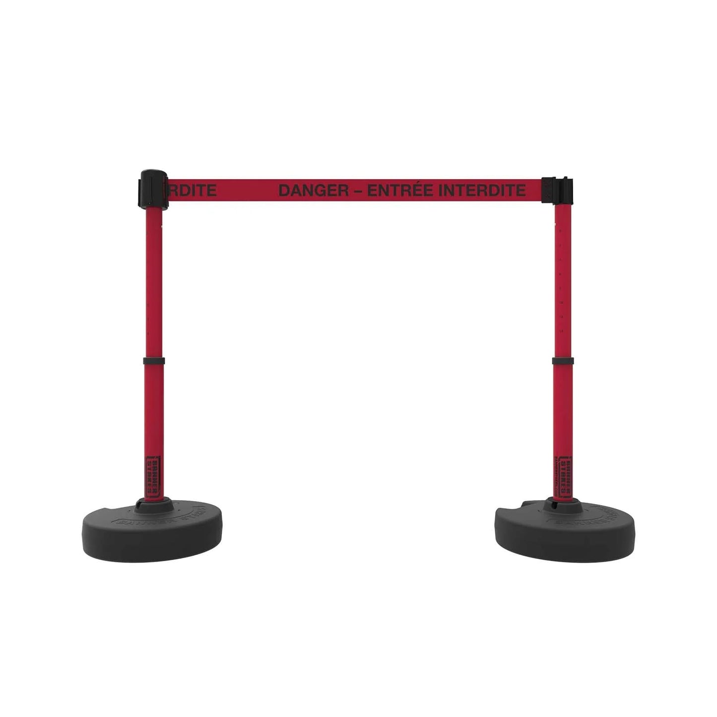 Banner Stakes Crowd Control Plus Cart Package & Accessory Tray, 75' Total Retractable Belt Barrier System - 5 Telescoping Stanchions w/ 15' Red "Danger - Entrée Interdite" Banners (PL4145T)