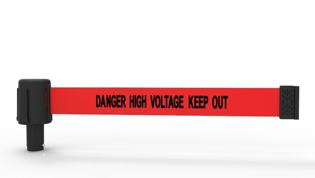 Banner Stakes Crowd Control Plus Cart Package & Accessory Tray, 75' Total Retractable Belt Barrier System - 5 Telescoping Stanchions w/ 15' Red "Danger High Voltage Keep Out" Banners (PL4013T)