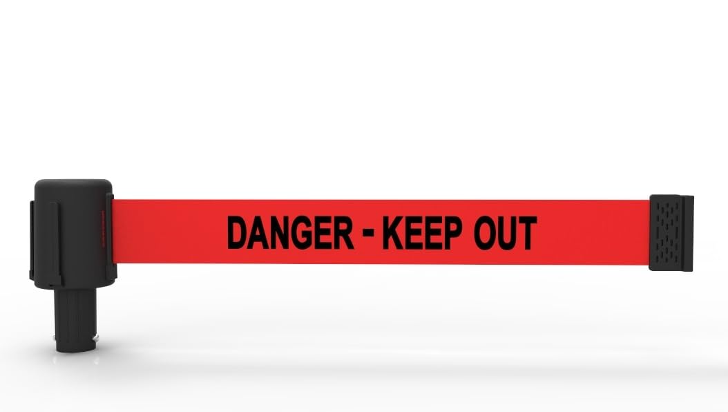 Banner Stakes Crowd Control Plus Cart Package & Accessory Tray, 75' Total Retractable Belt Barrier System - 5 Telescoping Stanchions w/ 15' Red "Danger - Keep Out" Banners (PL4011T)