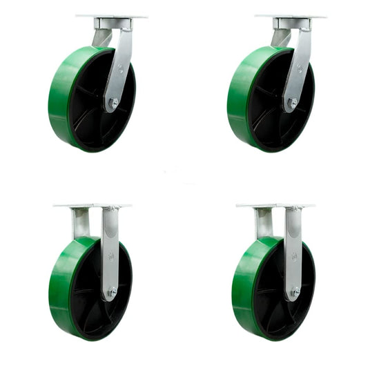 Extra Heavy Duty Kingpinless 10”x3” Green Poly on Cast Iron Swivel Caster Set for Cranes, Gantries, Hoists, and Winches-2 Swivel and 2 Rigid Casters-3,000lbs Per Caster-Set of 4-Service Caster Brand