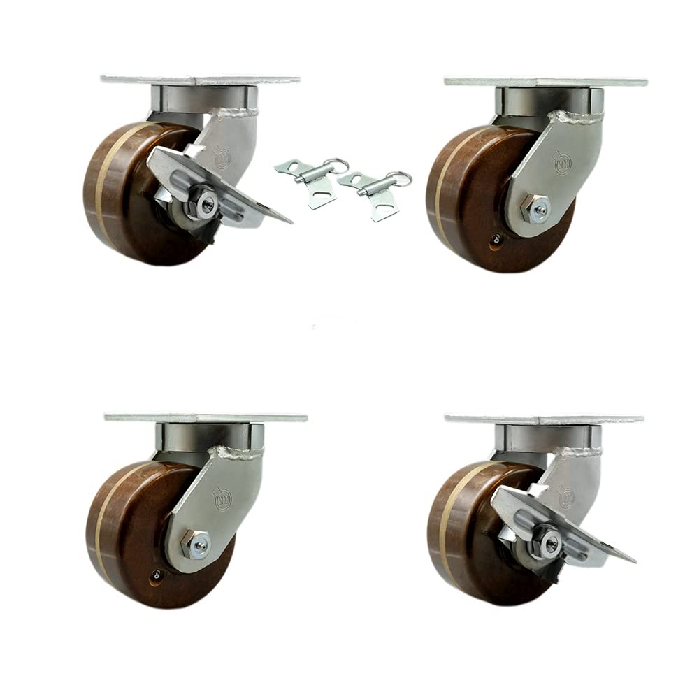Extra Heavy Duty 6”x3” High Temp Phenolic Swivel Caster Set for Cranes, Gantries, Hoists, and Winches–2 with Swivel Locks and 2 with Side Lock Brake-2,000 lbs Per Caster–Set of 4-Service Caster Brand