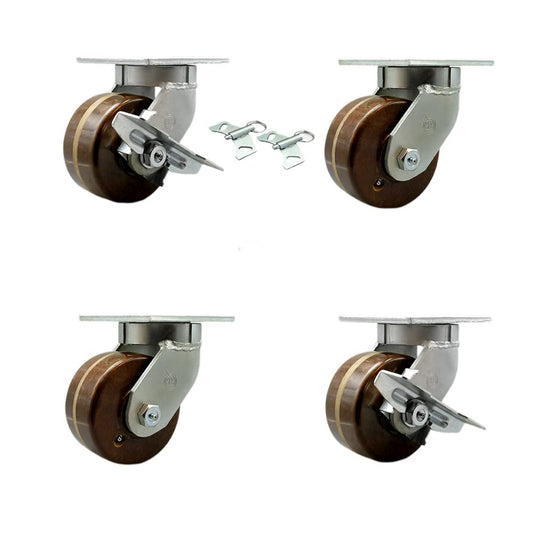 Extra Heavy Duty 6”x3” High Temp Phenolic Swivel Caster Set for Cranes, Gantries, Hoists, and Winches–2 with Swivel Locks and 2 with Side Lock Brake-2,000 lbs Per Caster–Set of 4-Service Caster Brand