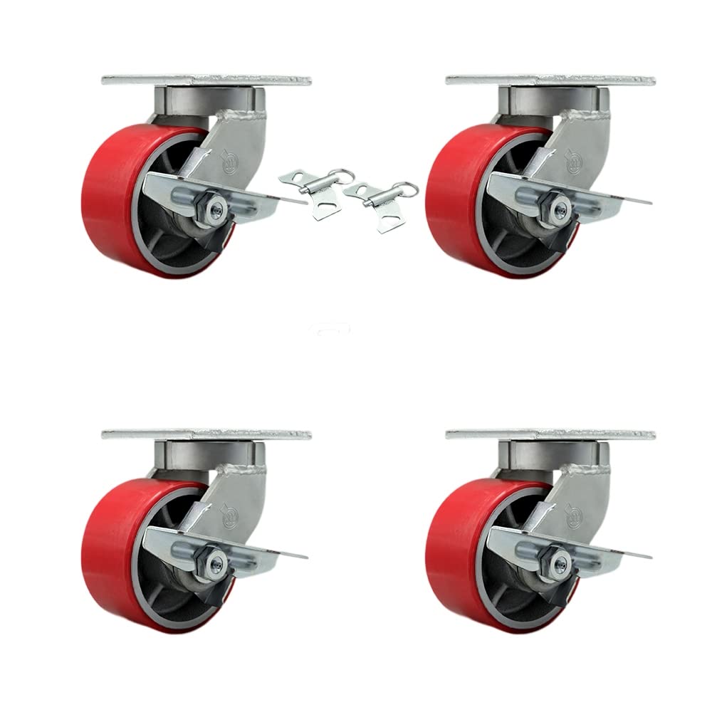 Extra Heavy Duty 6” x 3” Red Poly on Cast Iron Swivel Caster Set for Cranes, Gantries, Hoists,and Winches-2 with Brake and Swivel Lock/2 with Brake-2,000lbs Per Caster-Set of 4-Service Caster Brand