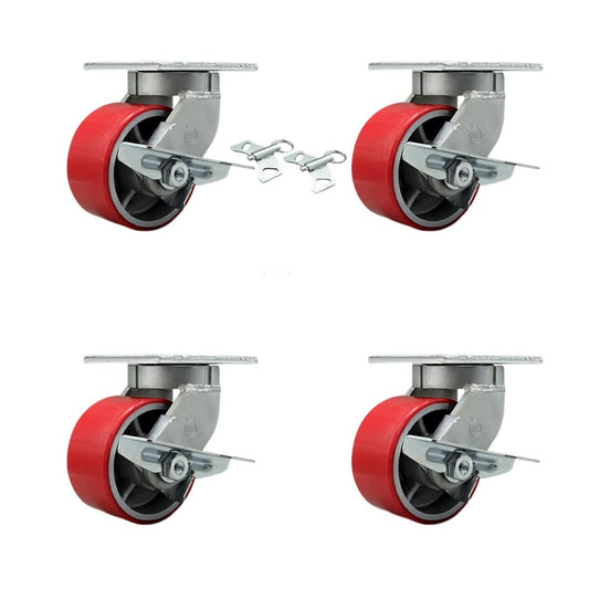 Extra Heavy Duty 6” x 3” Red Poly on Cast Iron Swivel Caster Set for Cranes, Gantries, Hoists,and Winches-2 with Brake and Swivel Lock/2 with Brake-2,000lbs Per Caster-Set of 4-Service Caster Brand