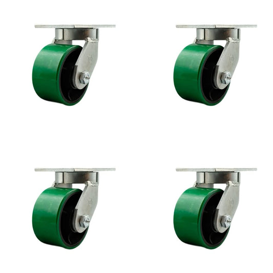 Extra Heavy Duty 6” x 3” Green Polyurethane on Cast Iron Swivel Caster Set for Cranes, Gantries, Hoists, and Winches - 4 Swivel Casters – 2,000 lbs Per Caster – Set of 4 - Service Caster Brand