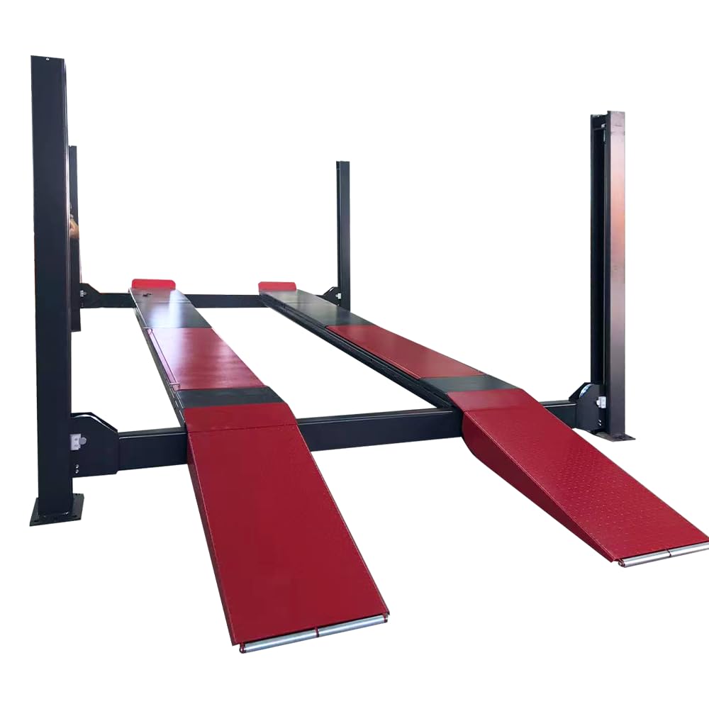 KT-4H120PX 12,000 Lbs 220V 4 Post Lift Alignment Commercial with 7000Lbs Rolling Jack Heavy Duty Four Post Car Lift，86.9" Lift Height 79" Drive-Thru Height Pneumatic Unlocking Fit for Repair Shop