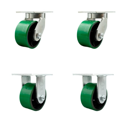 Extra Heavy Duty 6”x3” Green Poly on Cast Iron Swivel Caster Set for Cranes,Gantries,Hoists,and Winches-2 Swivel with Bolt-On Locks and 2 Rigid -2,000 lbs Per Caster-Set of 4 - Service Caster Brand
