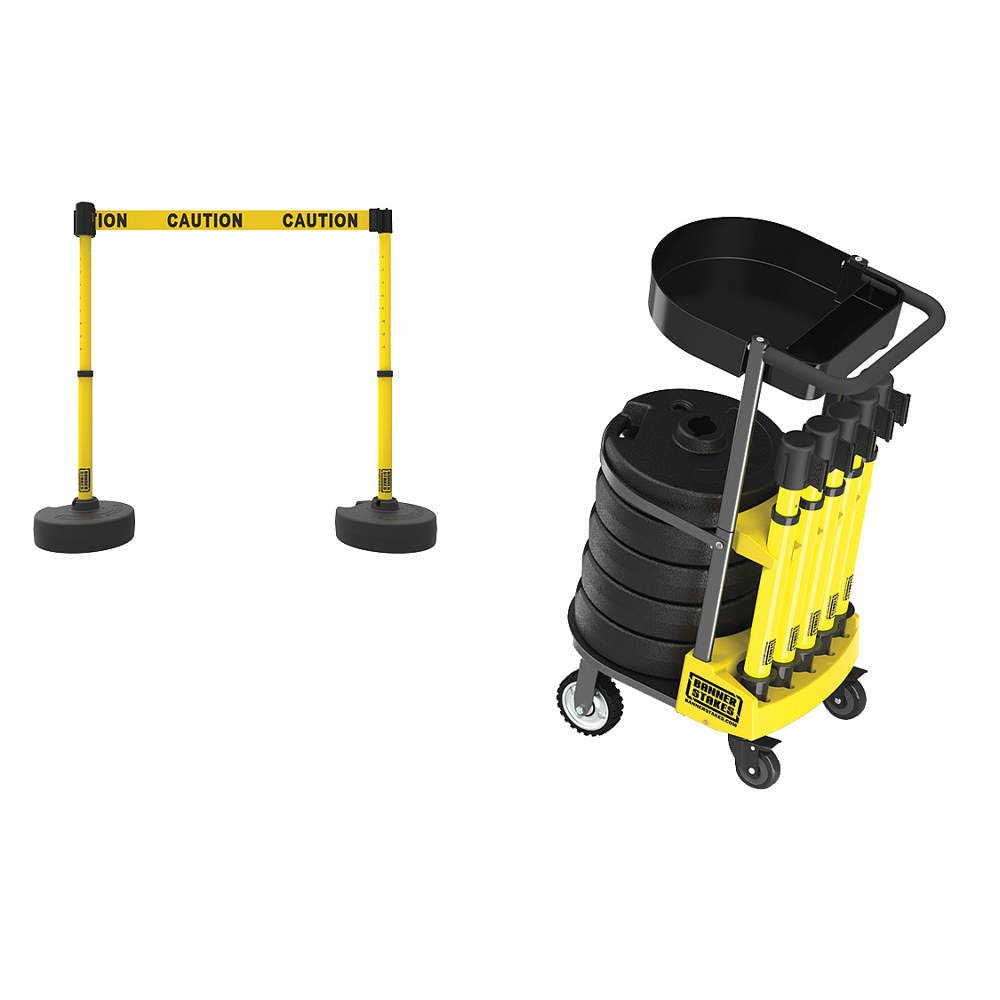 Banner Stakes Crowd Control Plus Cart Package & Accessory Tray, 75' Total Retractable Belt Barrier System - 5 Telescoping Stanchions w/ 15' Yellow Double-Sided "Caution" Banners (PL4122T)