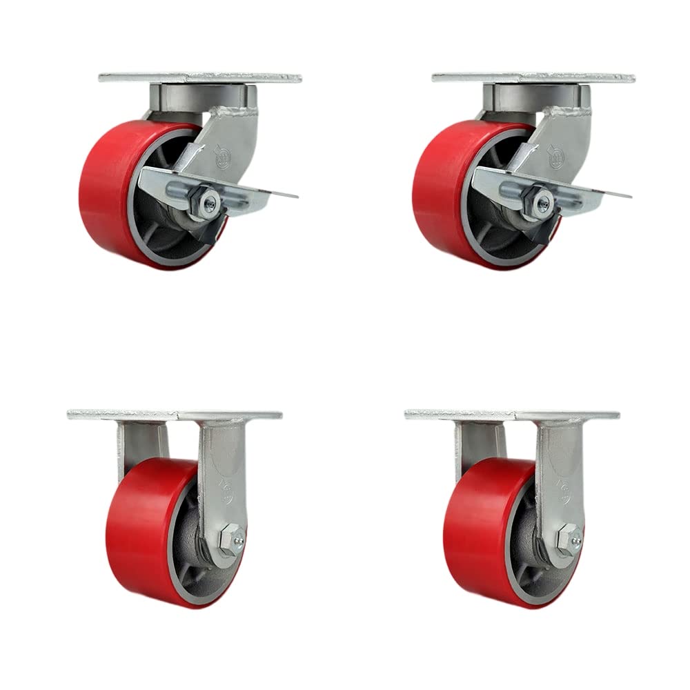 Extra Heavy Duty 6” x 3” Red Poly on Cast Iron Swivel Caster Set for Cranes, Gantries, Hoists, and Winches - 2 with Brake and Swivel Lock/2 Rigid-2,000 lbs Per Caster-Set of 4- Service Caster Brand