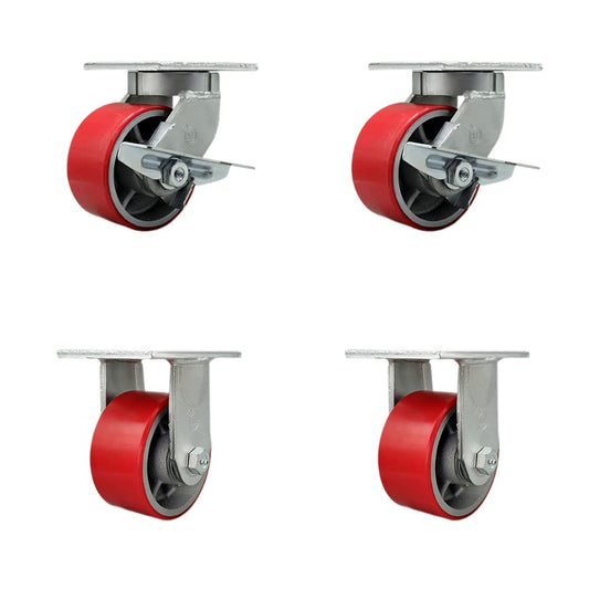 Extra Heavy Duty 6” x 3” Red Poly on Cast Iron Swivel Caster Set for Cranes, Gantries, Hoists, and Winches - 2 with Brake and Swivel Lock/2 Rigid-2,000 lbs Per Caster-Set of 4- Service Caster Brand