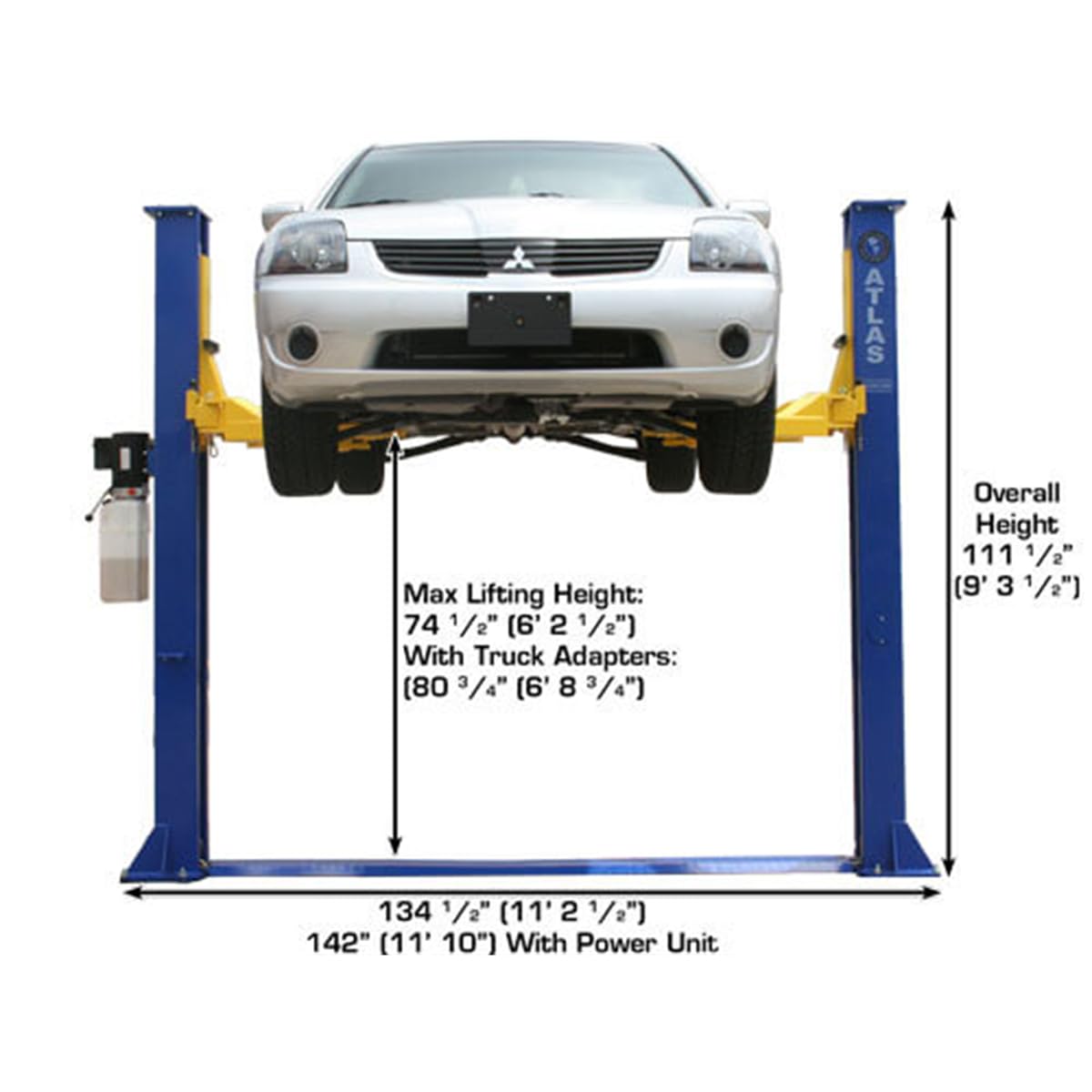ATLAS Automotive Equipment 9KBPX 2-Post Lift/Hoist, Baseplate Style, 9'6" Minimum Ceiling Height, 9,000lb Capacity, Symmetric Arms, Dual Hydraulic Chain Drive Cylinders, for Low Ceiling Home Use